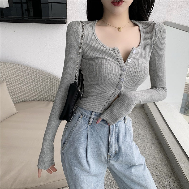 Trendy Fit Cozy O-neck Knitted Button-Up Long Sleeve Crop Top Sweaters 6