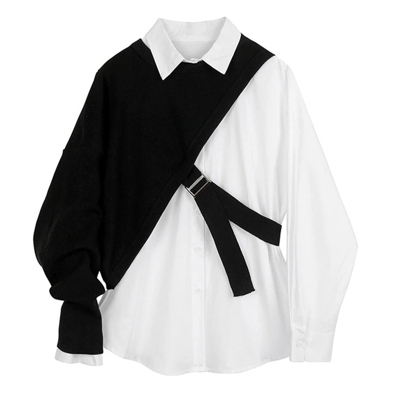 Two Piece Oversized Long Sleeve with Knitted Vest Tops Set 0