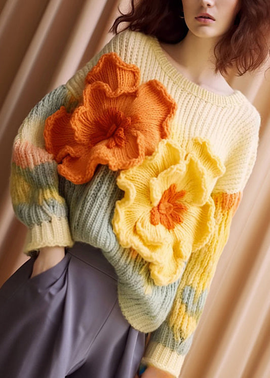 Women's Sweater Apricot Floral Cotton Knit Long Sleeve - 1