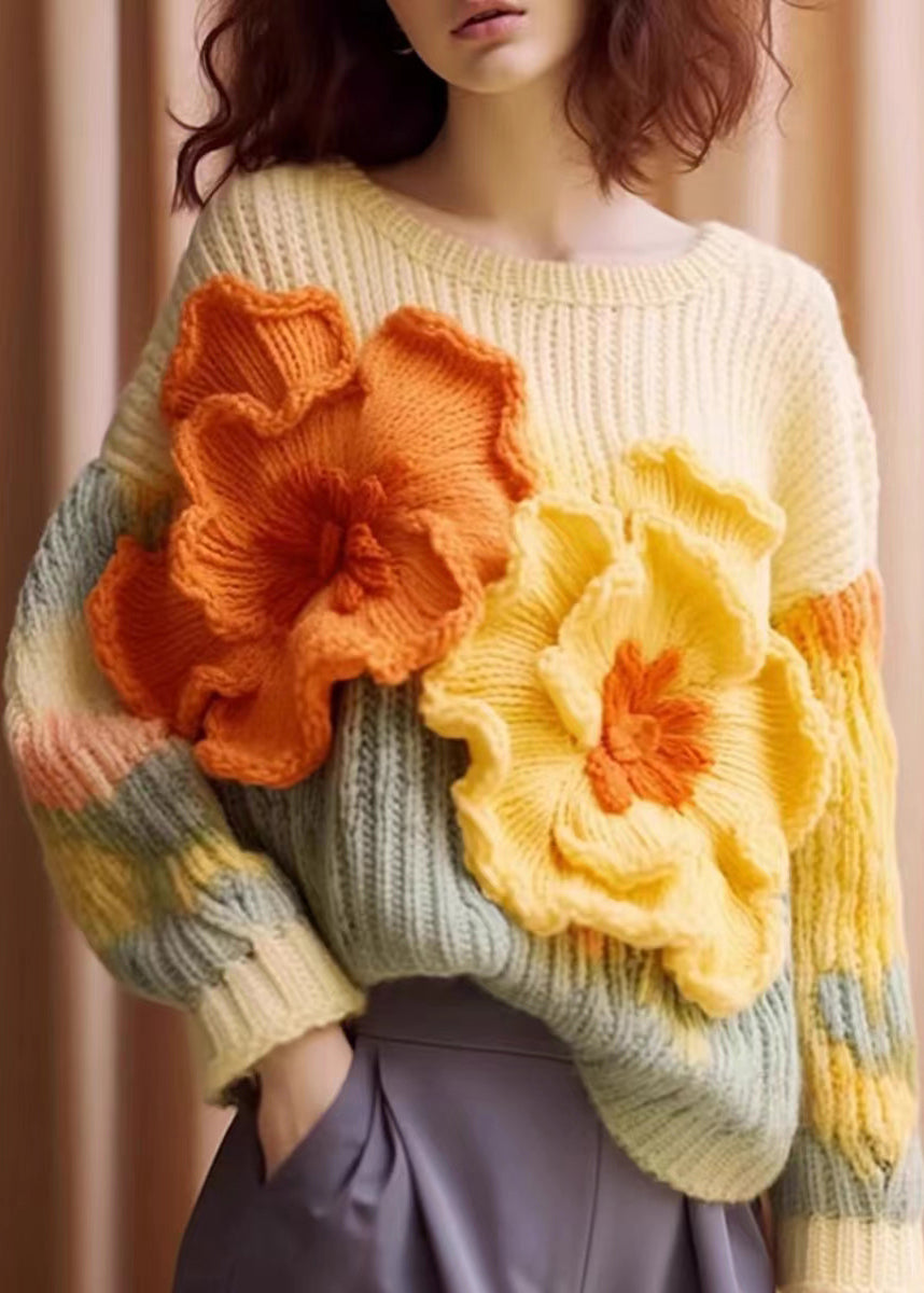 Women's Sweater Apricot Floral Cotton Knit Long Sleeve - 2