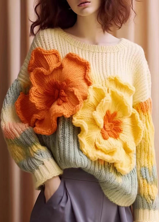 Women's Sweater Apricot Floral Cotton Knit Long Sleeve - 2