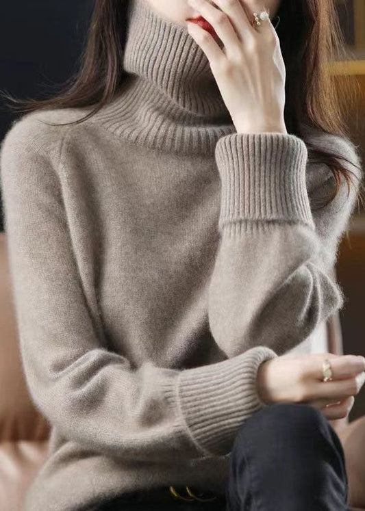 Women's Sweater Dark Camel High Neck Thick Knit - 1