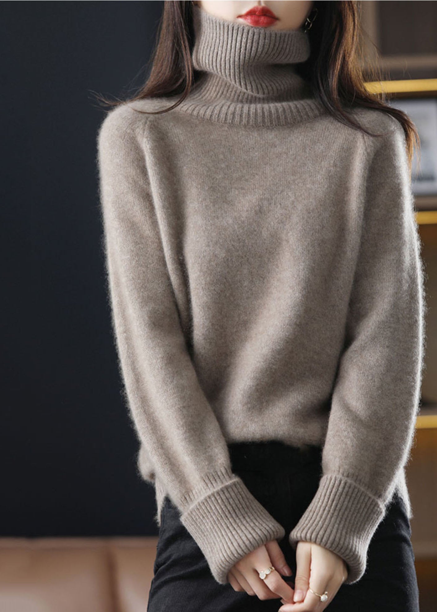 Women's Sweater Dark Camel High Neck Thick Knit - 4