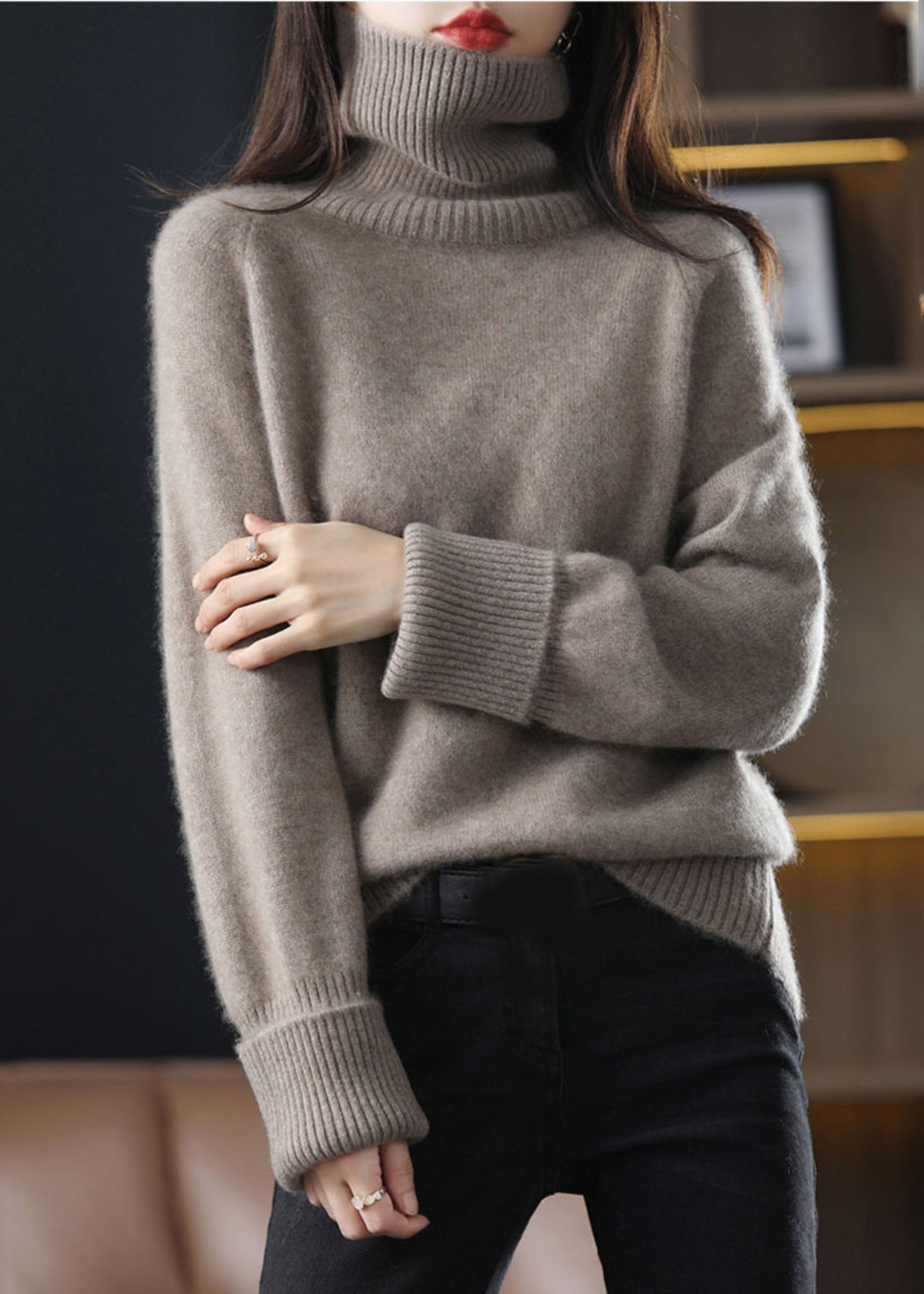 Women's Sweater Dark Camel High Neck Thick Knit - 5