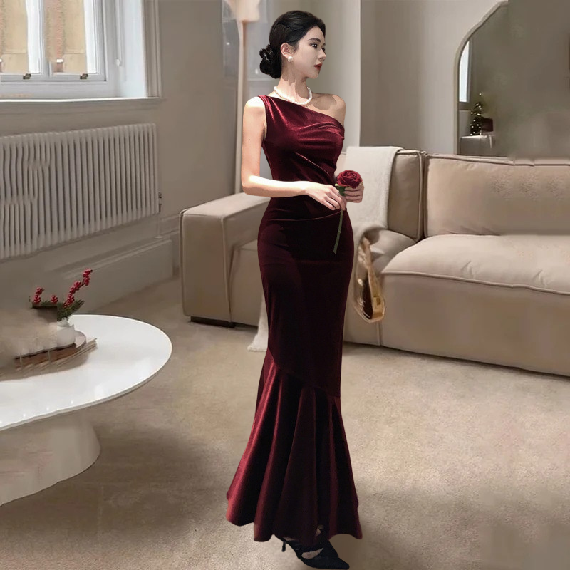 Women's Evening Gown Wine Red Velvet Mermaid Silhouette-1