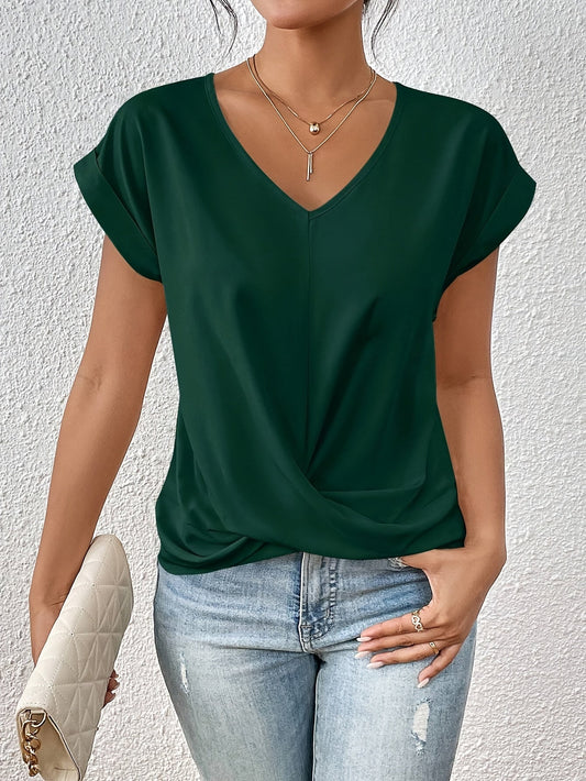 V-Neck Draped Front Blouse for Women – Soft Polyester Blend, Casual and Office Wear 1