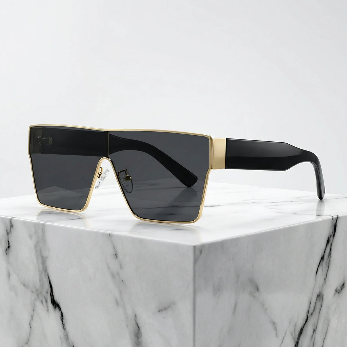 Oversized Angular Shield Sunglasses in Golden Black – product view | Hensley London