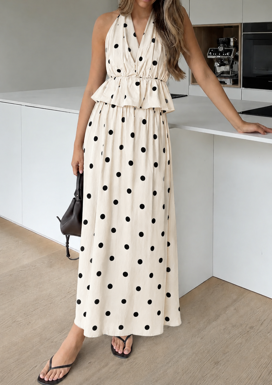 Women's Polka Dot Maxi Dress in Vanilla – front view | Hensley London