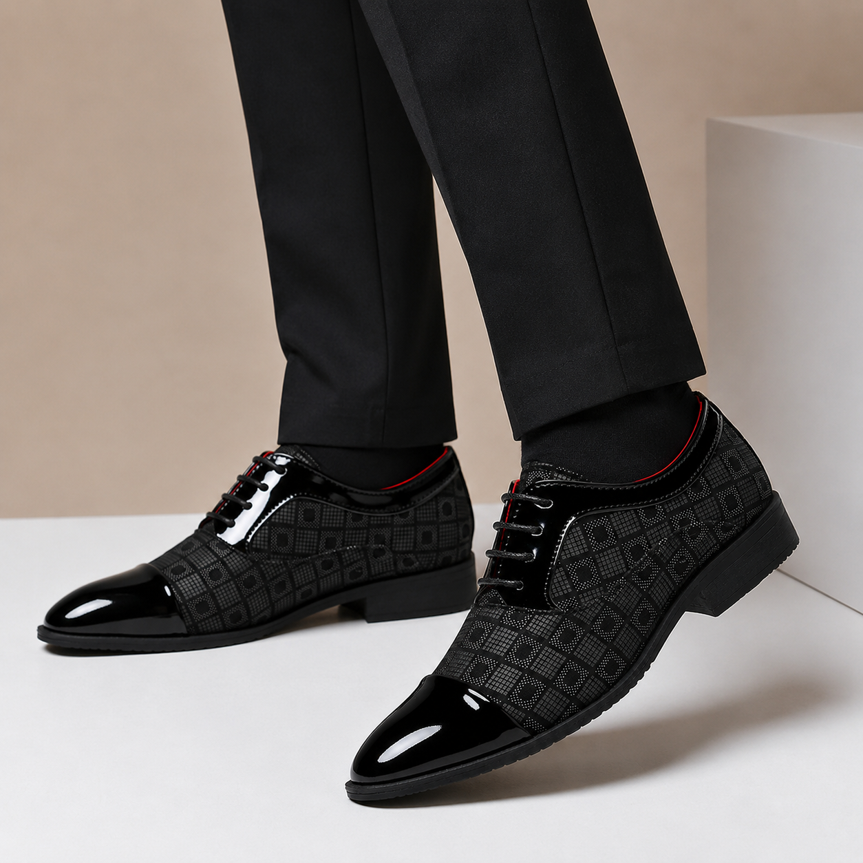 Men's Checker-Panel Leather Lace-Up Dress Shoes in Black - additional view 8 | Hensley London