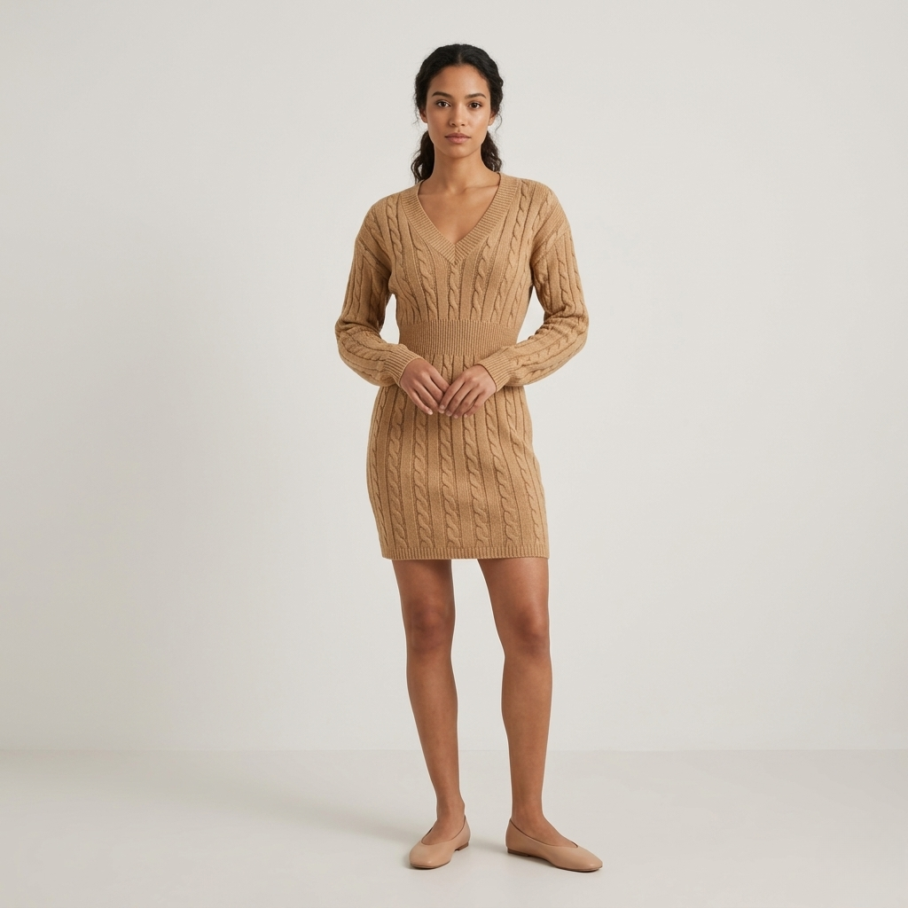 Women's Mini Dress Black Knit Long Sleeve V Neckline - 10