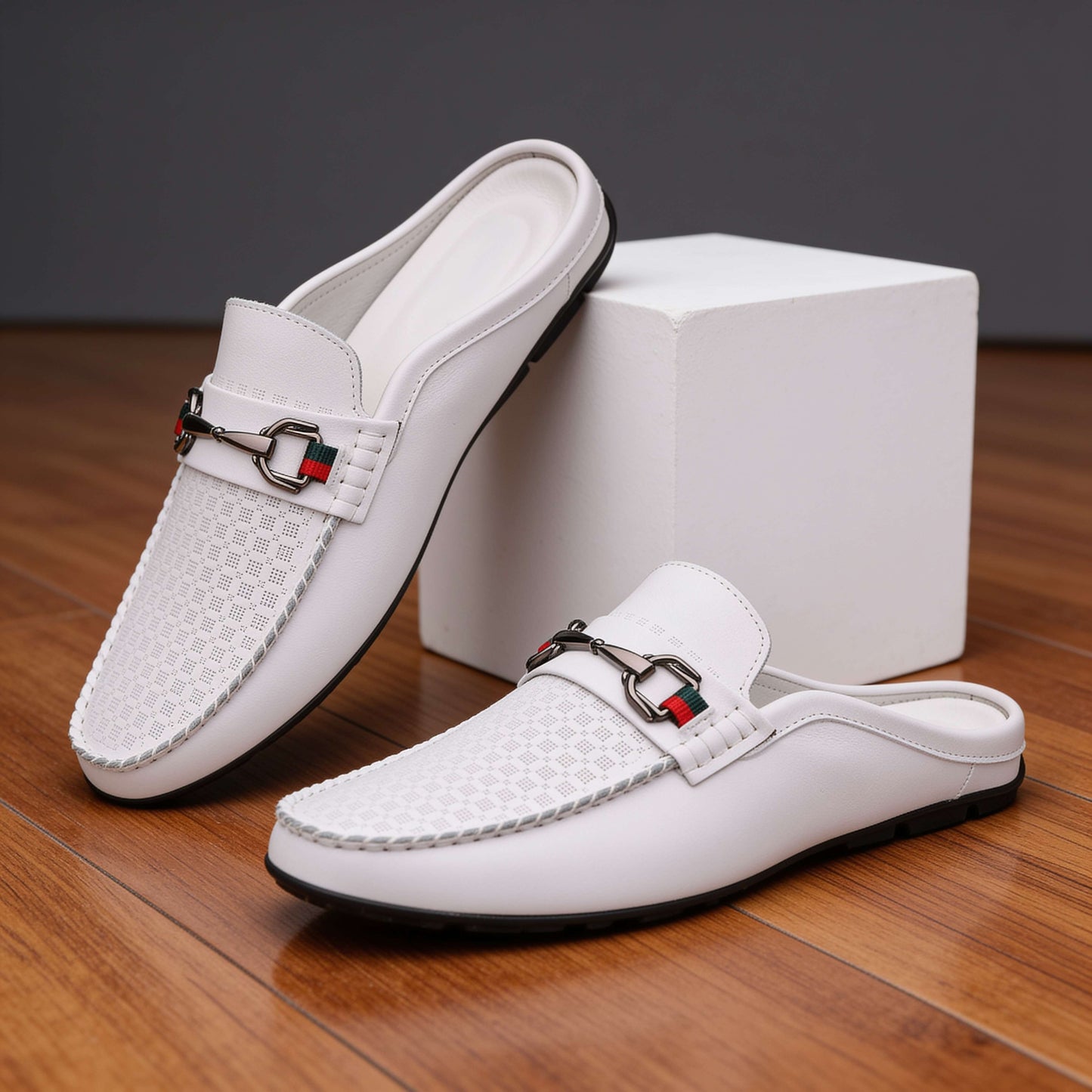 Women's Genuine Leather Grid Mule Loafers – product view | Hensley London