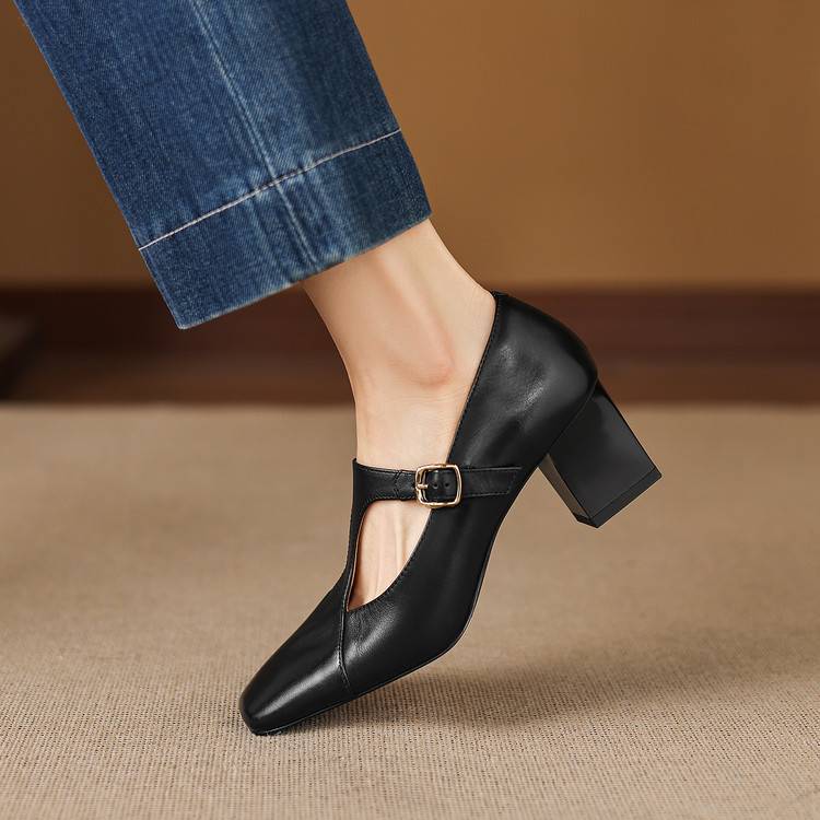 Women's Leather Square Toe Block Heels in Light Brown – back view | Hensley London