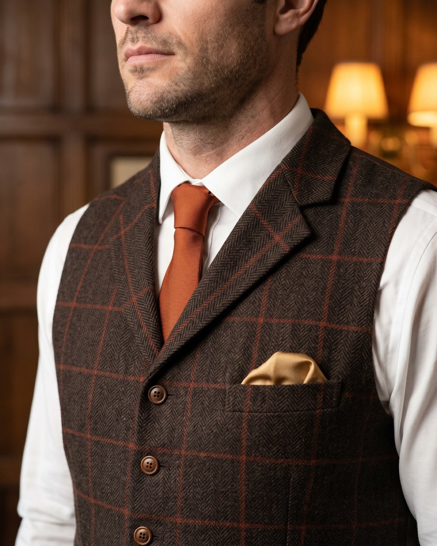 Men's Tweed Lapelled Waistcoat - close-up view | Hensley London