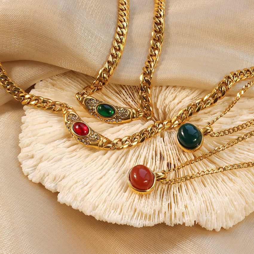 Vintage-Inspired Necklace with Gemstone Simulant Pendant – 18K Waterproof Gold, Hypoallergenic, 15-Inch Length, Available in Ruby, Emerald, Citrine 6