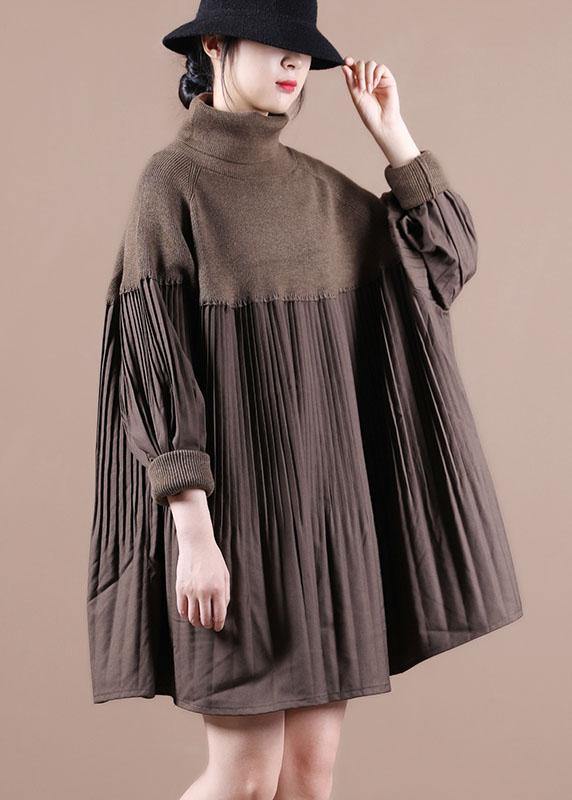 Women's Sweater Dress Brown Cotton Blend High Neck - 1