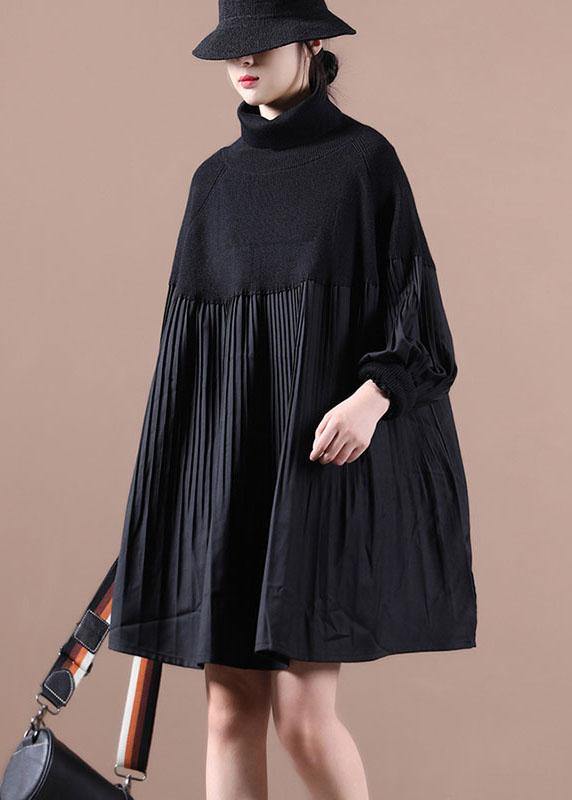 Women's Sweater Dress Brown Cotton Blend High Neck - 2