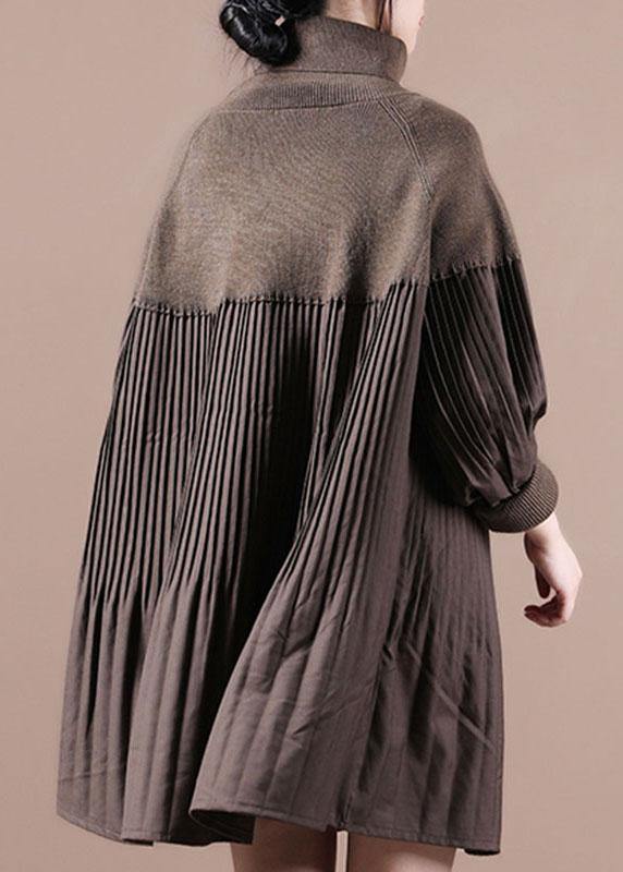 Women's Sweater Dress Brown Cotton Blend High Neck - 4