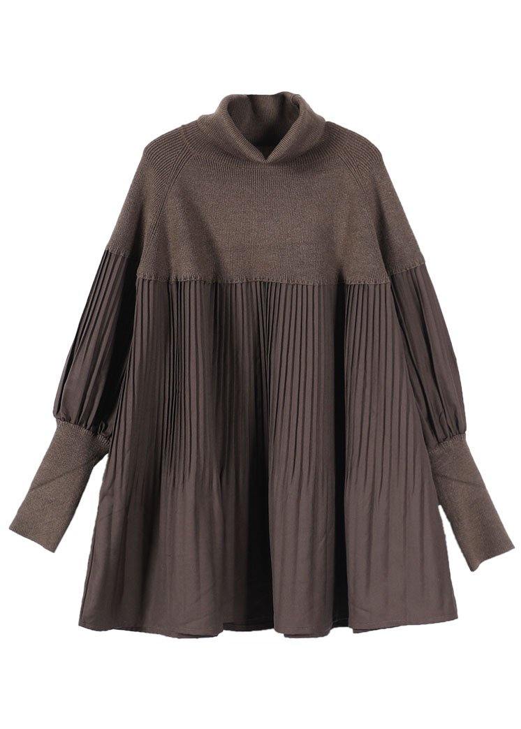 Women's Sweater Dress Brown Cotton Blend High Neck - 5