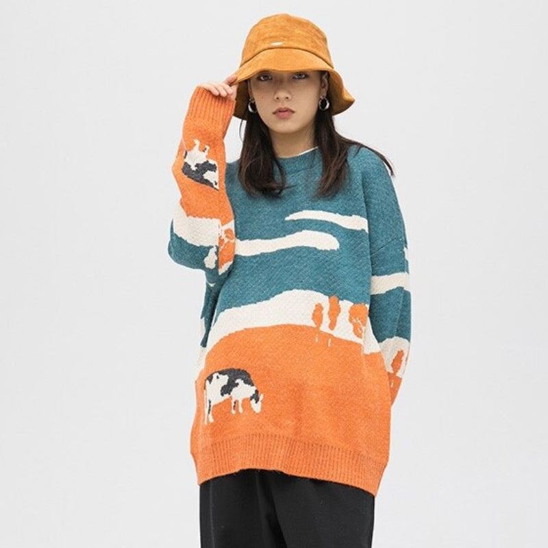 Vintage Cow Pattern Knitted Winter Loose Pullover Sweaters 0