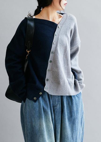 Women's Sweater Blue V-Neck Knit Loose Fit - 2