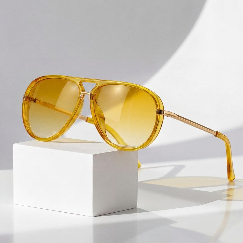 Women's Retro Aviator Sunglasses in Yellow – front view | Hensley London