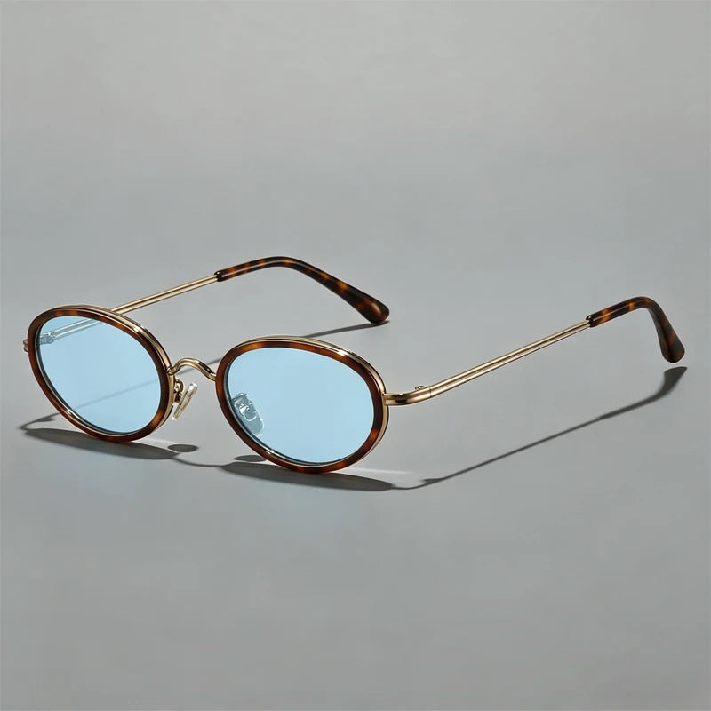 Men's Slim Metal Oval Retro Sunglasses in Blue – front view | Hensley London