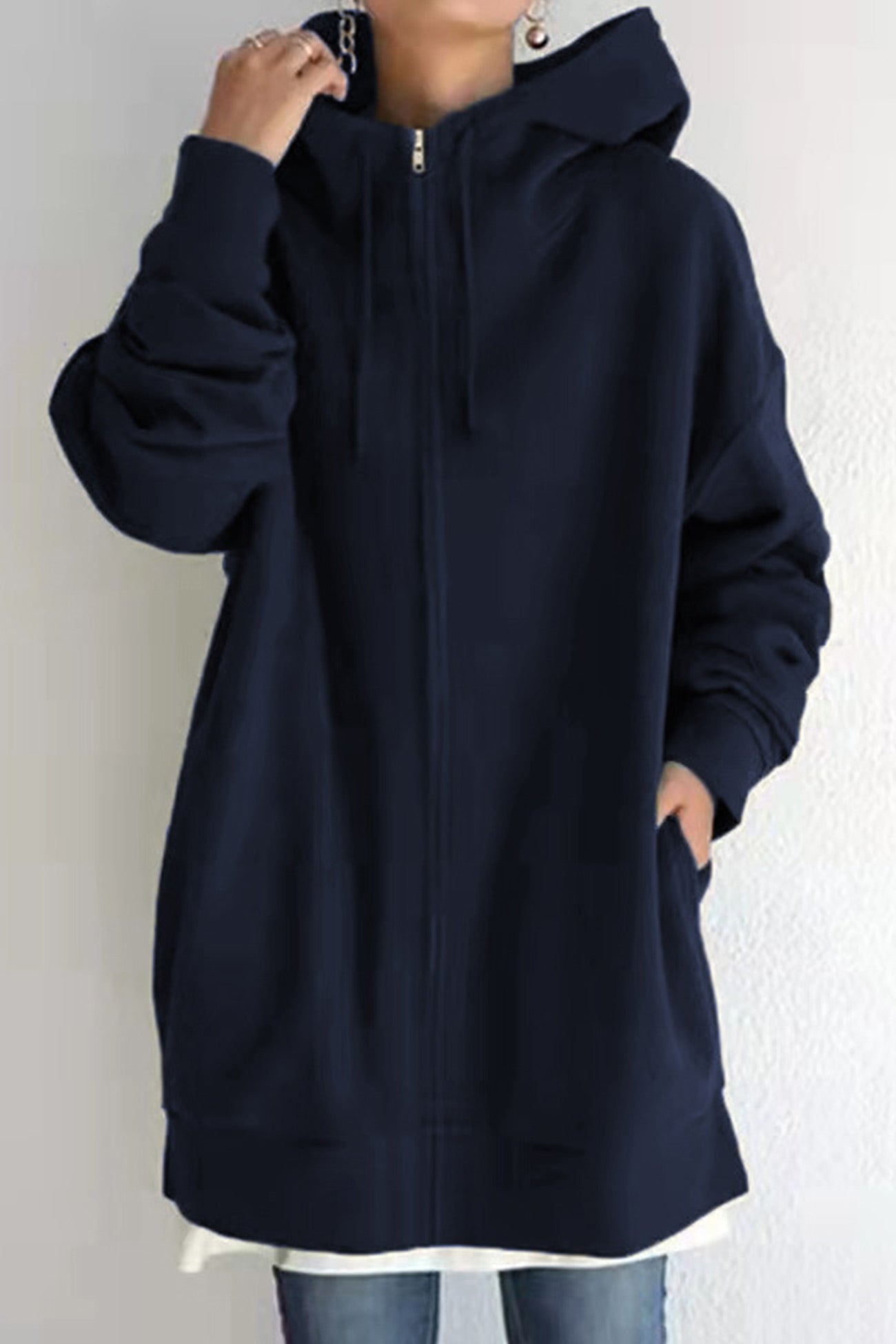 Women's Elegant Hoodie Black Cotton Blend - 11