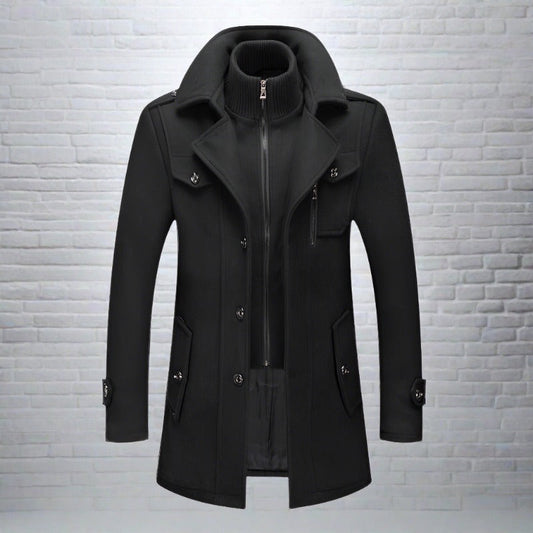 Men's Winter Coat Black Wool High Collar - 2