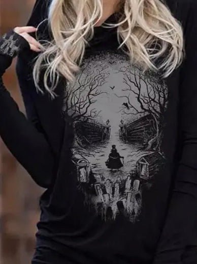 Women's Hoodie Black Cotton Skull Print Long Sleeve Sweatshirt - 2