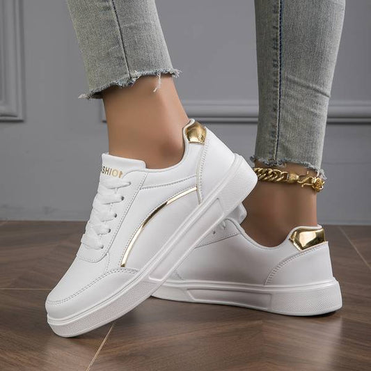 White Women's Sneakers with Metallic Accents – Stylish Slip-On PU Leather Sneakers for All-Day Comfort 1