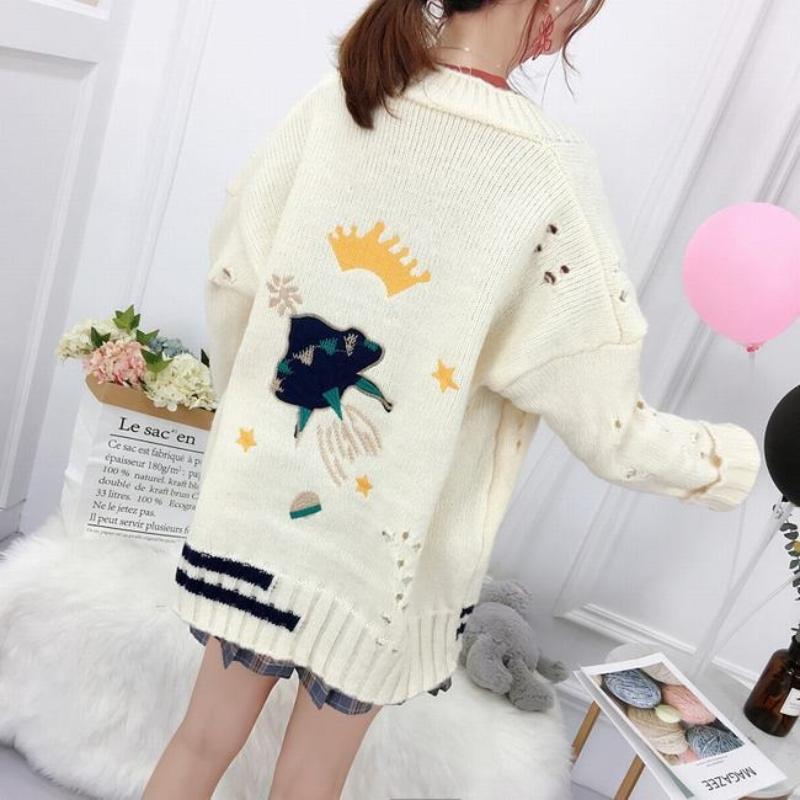 Winter V-Neck Knit Sweater with Crown and UFO Embroidery 0