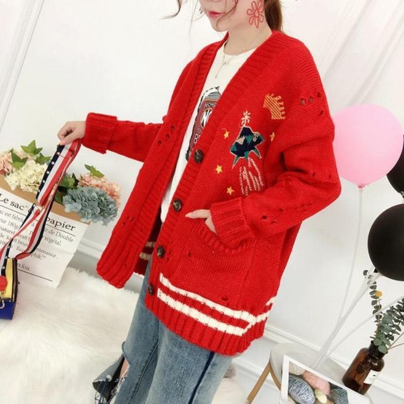 Winter V-Neck Knit Sweater with Crown and UFO Embroidery 5