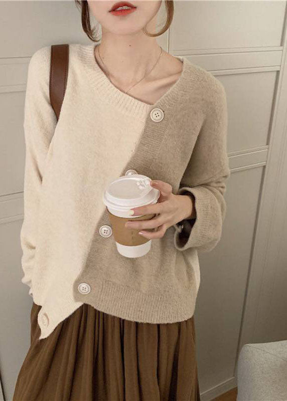Women's Winter Sweater Beige Knit Asymmetrical Button - 4