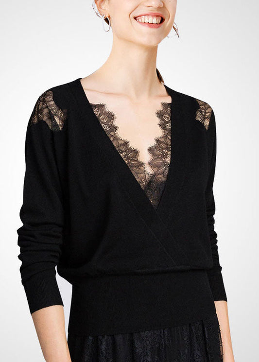 Women's Knitted Top Black Wool V Neck Lace - 1