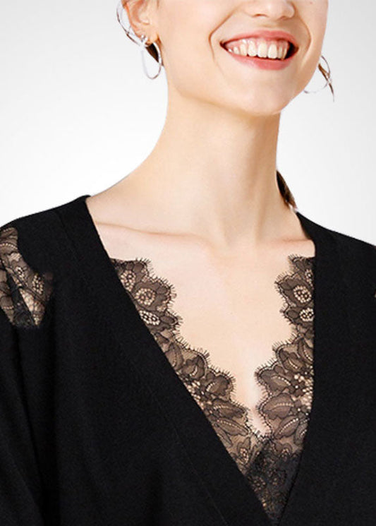Women's Knitted Top Black Wool V Neck Lace - 2