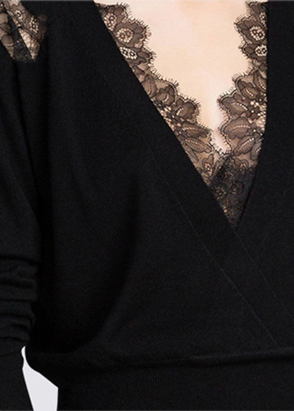 Women's Knitted Top Black Wool V Neck Lace - 3