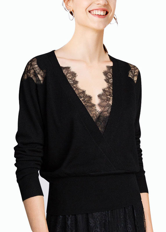 Women's Knitted Top Black Wool V Neck Lace - 5