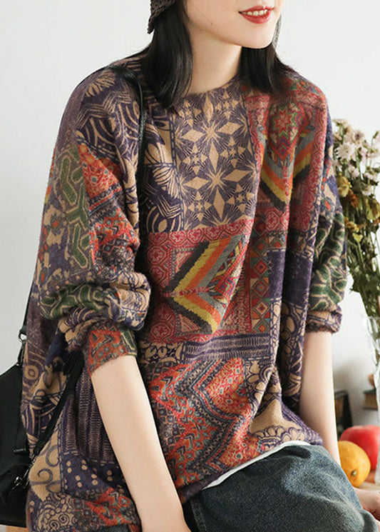 Women's Knit Sweater Geometric Pattern Loose Fit O-Neck - 1