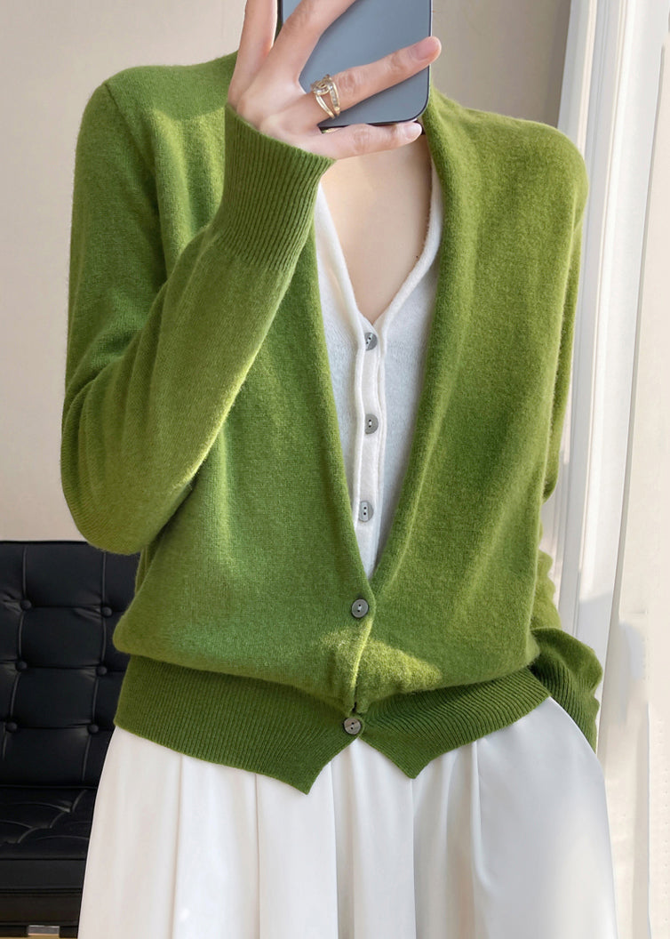 Women's Knit Top Green V Neck Wool Blend - 4