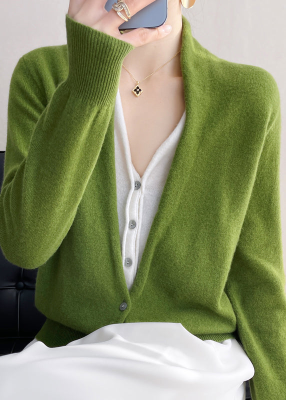 Women's Knit Top Green V Neck Wool Blend - 5