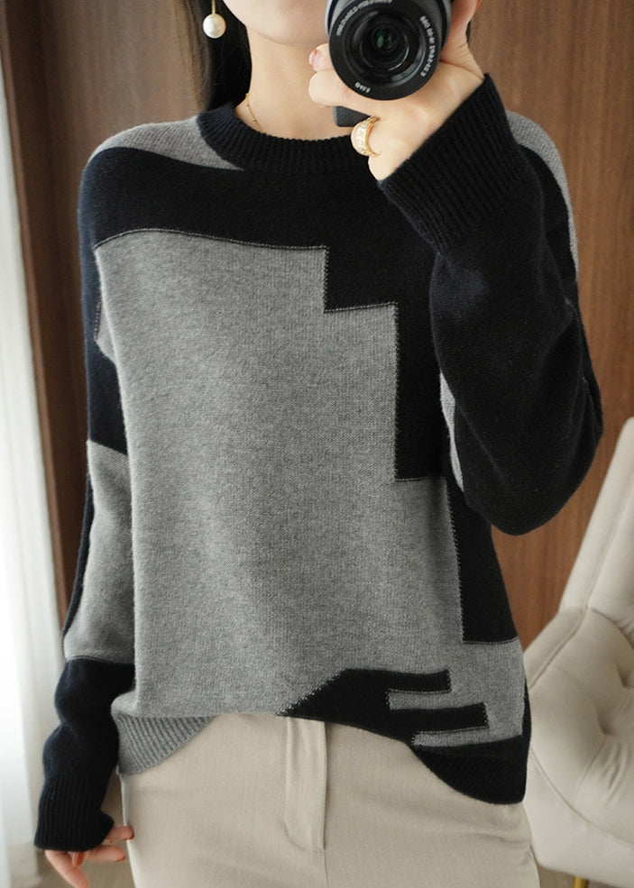 Women's Knit Top Grey Asymmetrical Wool Blend - 1
