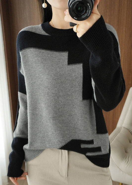 Women's Knit Top Grey Asymmetrical Wool Blend - 1