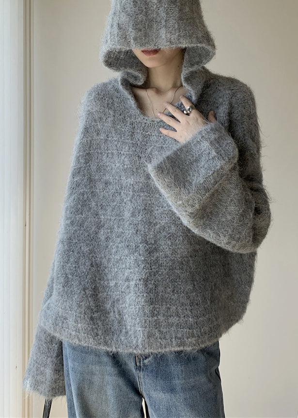 Women's Hooded Sweater Grey Cotton Knit - 1