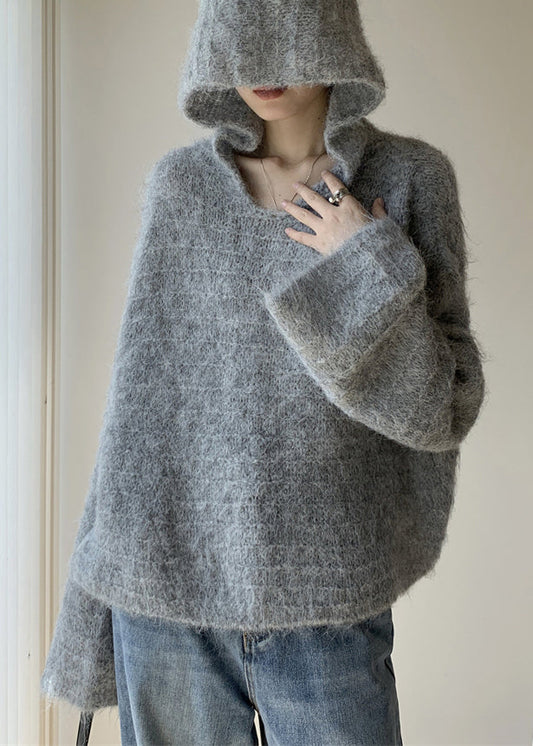 Women's Hooded Sweater Grey Cotton Knit - 1