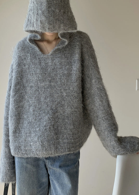 Women's Hooded Sweater Grey Cotton Knit - 2