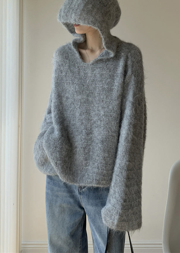 Women's Hooded Sweater Grey Cotton Knit - 3