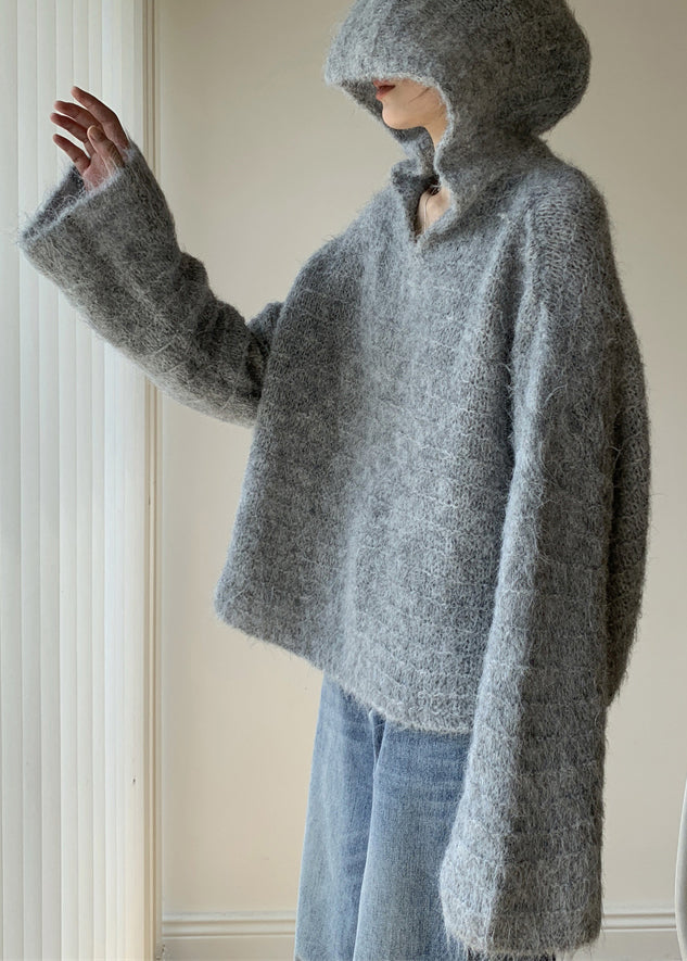Women's Hooded Sweater Grey Cotton Knit - 4