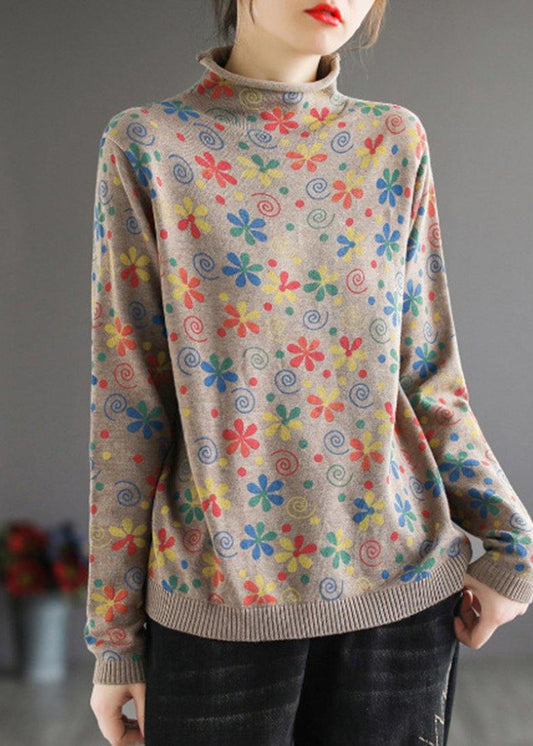 Women's Sweater Khaki Print High Neck Cotton Blend Plus Size - 1
