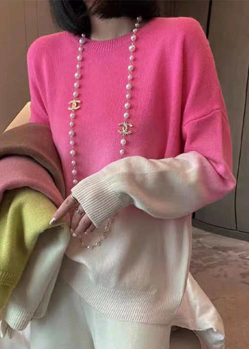 Women's Sweater Pink Gradient O-Neck Knit - 5