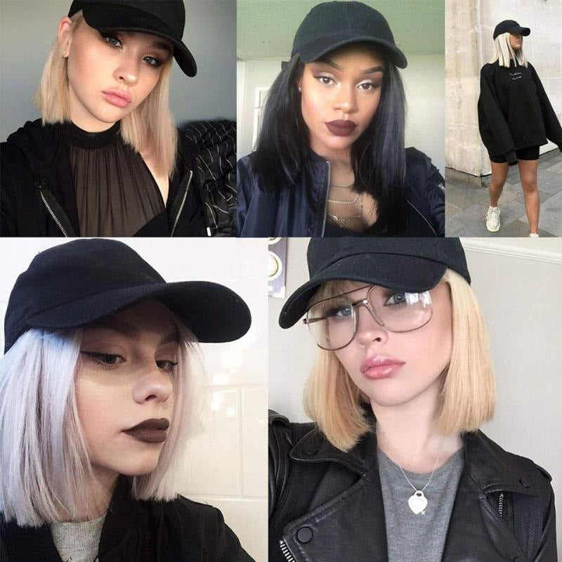Women's Adjustable Baseball Cap with Natural Short Straight Hair Extensions 6